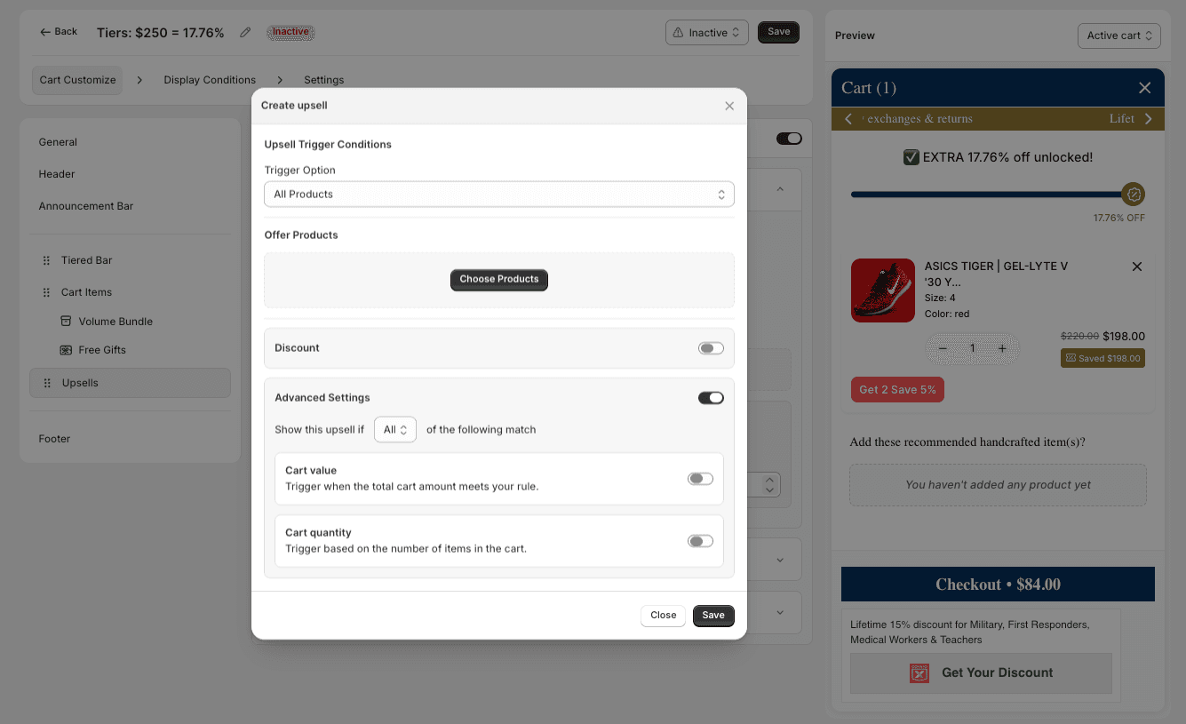Advanced Settings with Cart value and Cart quantity condition builders