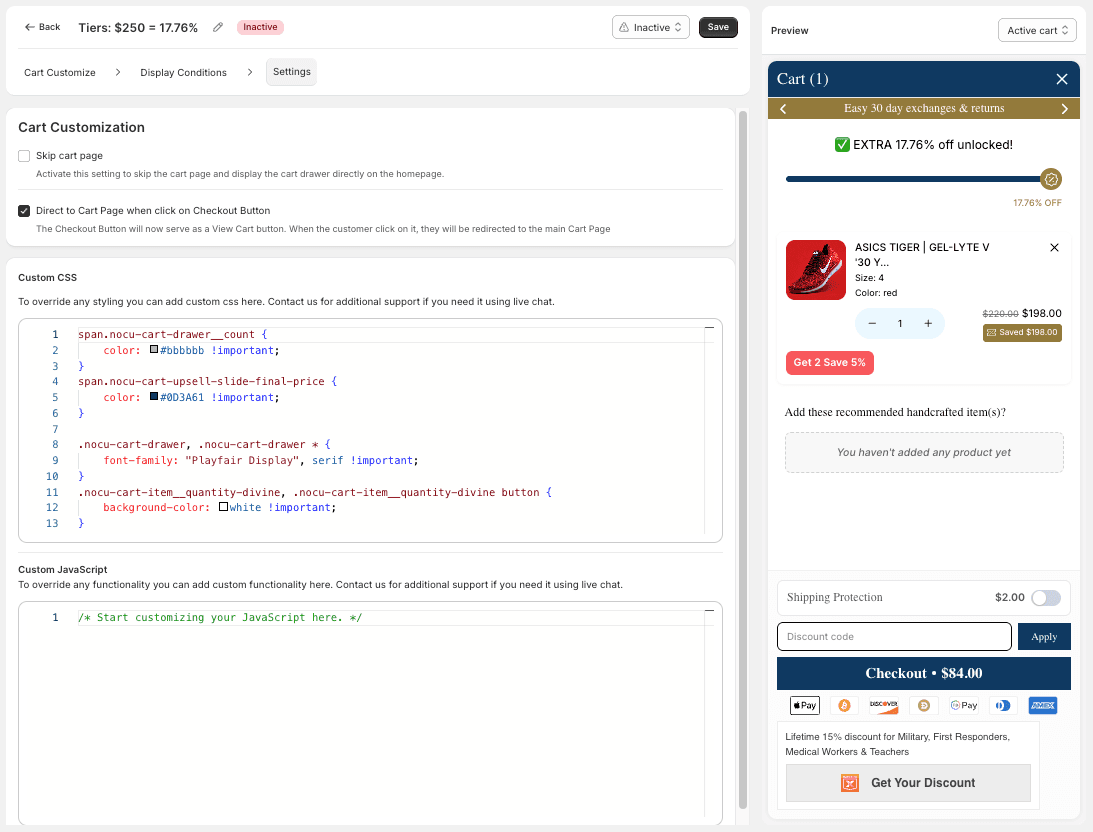 Cart Customization settings with Skip cart page and Direct to Cart Page checkboxes