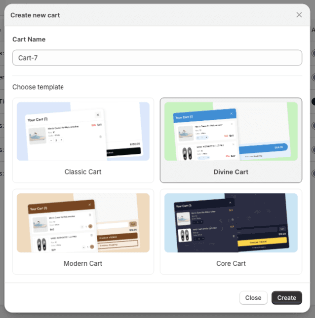 Create new cart modal with Cart Name field and template selection