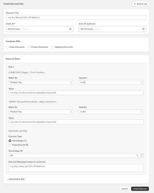Create Discount Rule form with Match By dropdown showing Product Tag, Collection, Product Type, Product Title, SKU, Vendor
