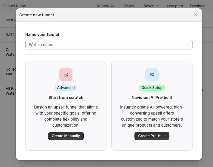 Create new funnel modal with Advanced and Quick Setup options