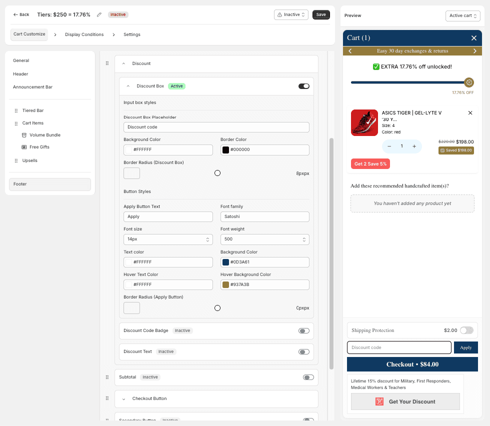 Discount Box and Discount Code Badge configuration with applied codes shown in preview