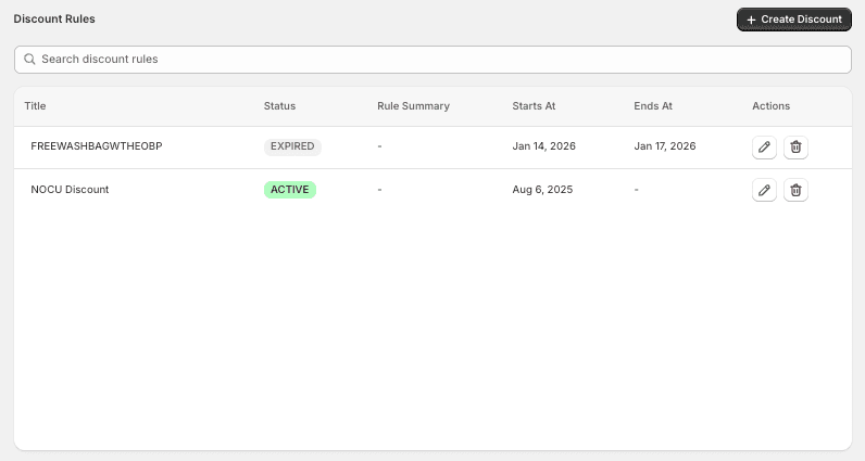 Discount Rules list with title, status, starts at, and ends at columns