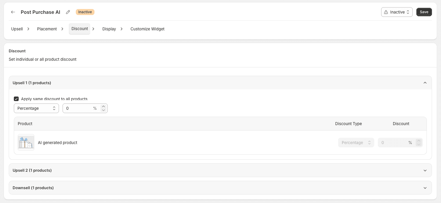 Discount tab showing a product row with Discount Type and Discount value