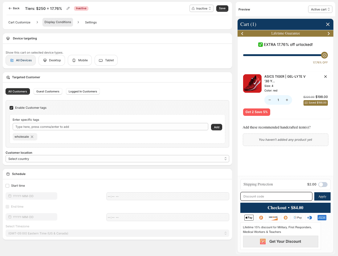 Display Conditions tab with Device targeting, Targeted Customer, and Schedule settings