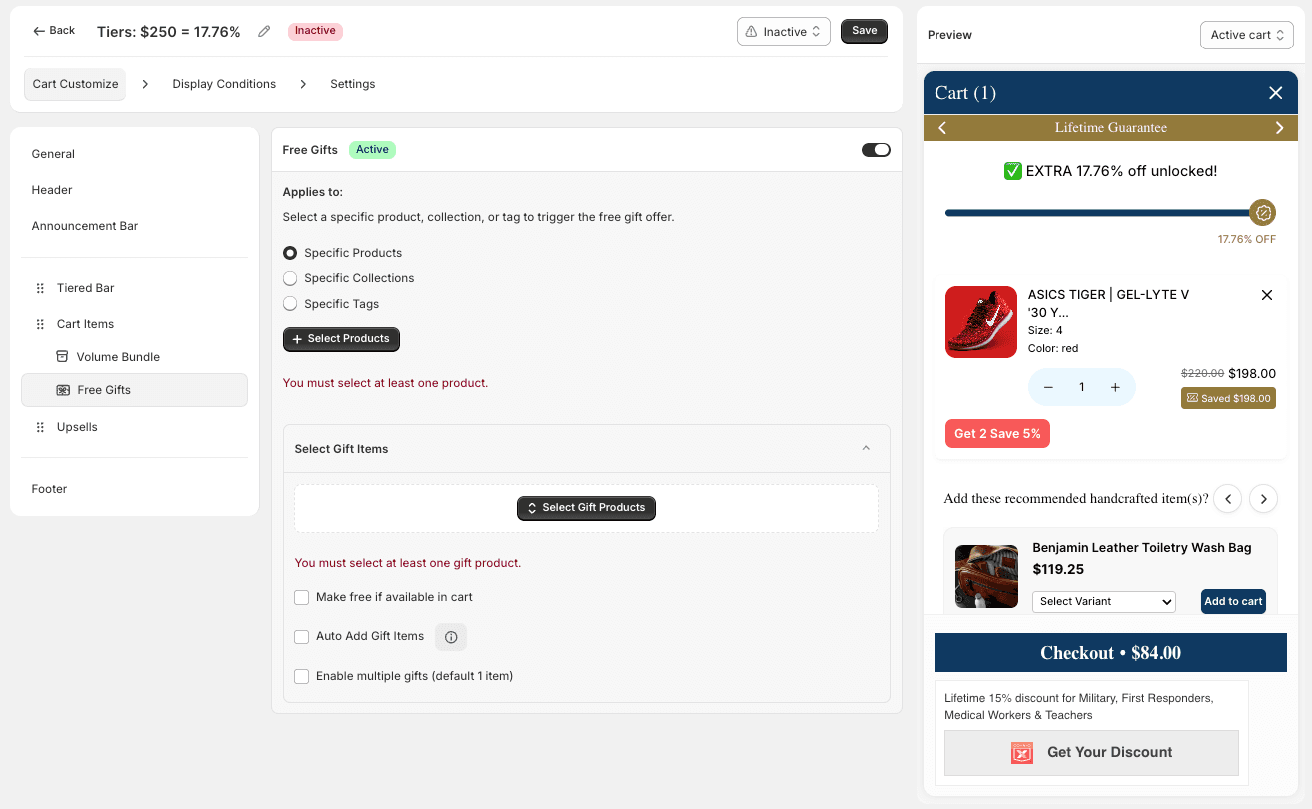 Free Gifts trigger conditions with Specific Products selected
