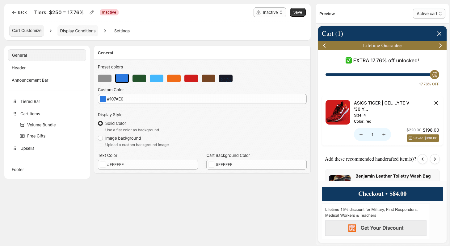 General tab with preset colors, custom color, display style, and background color fields