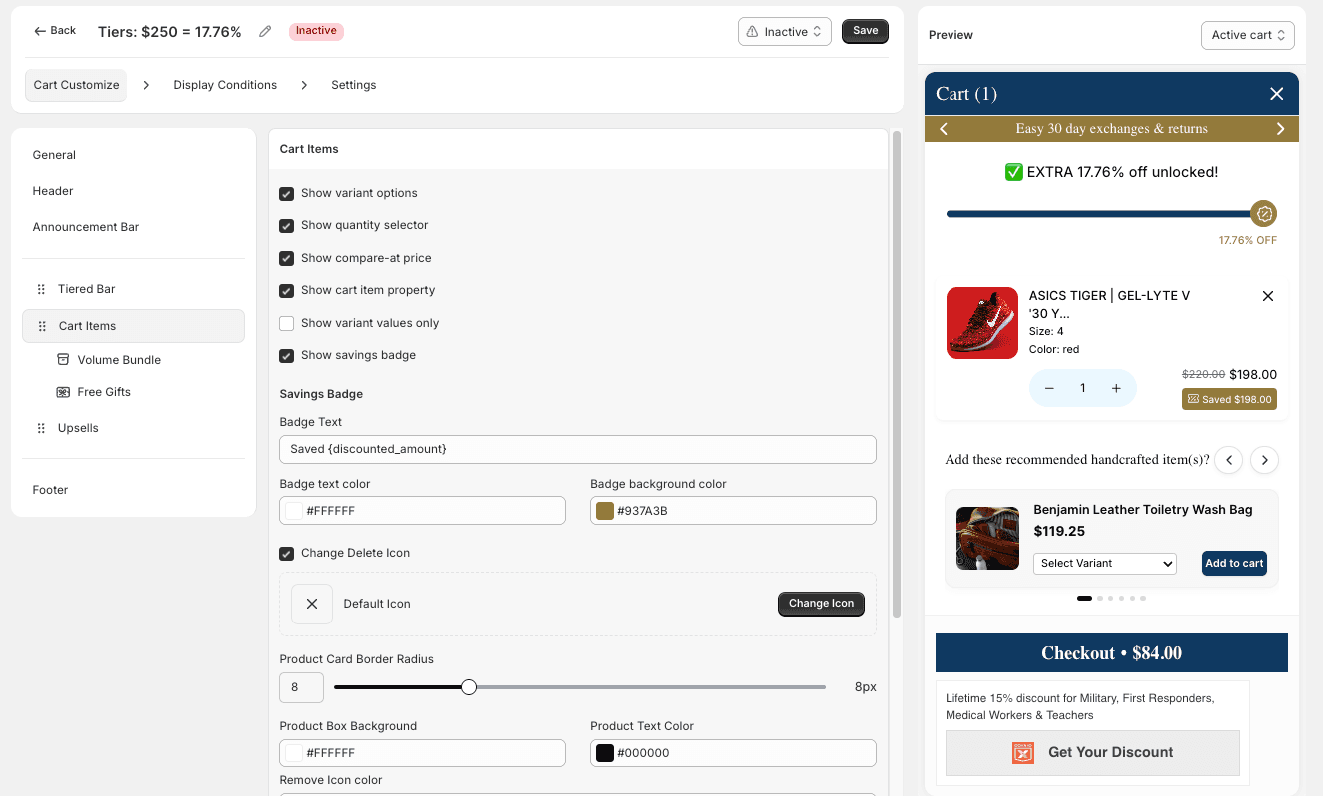 Cart Items styling section with savings badge and product card color settings