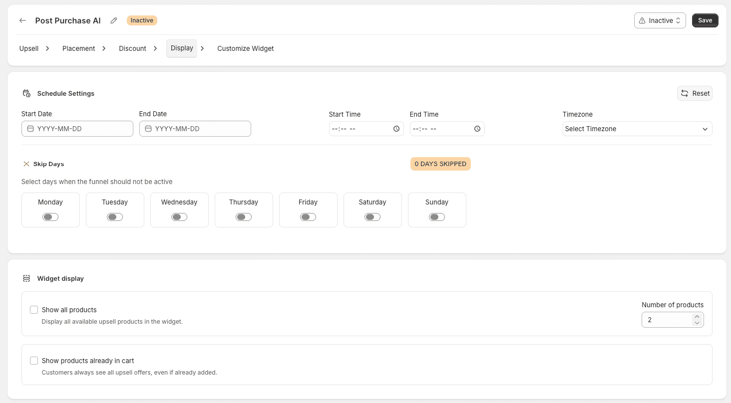 Schedule Settings with Start Date, End Date, and Skip Days toggles for each weekday
