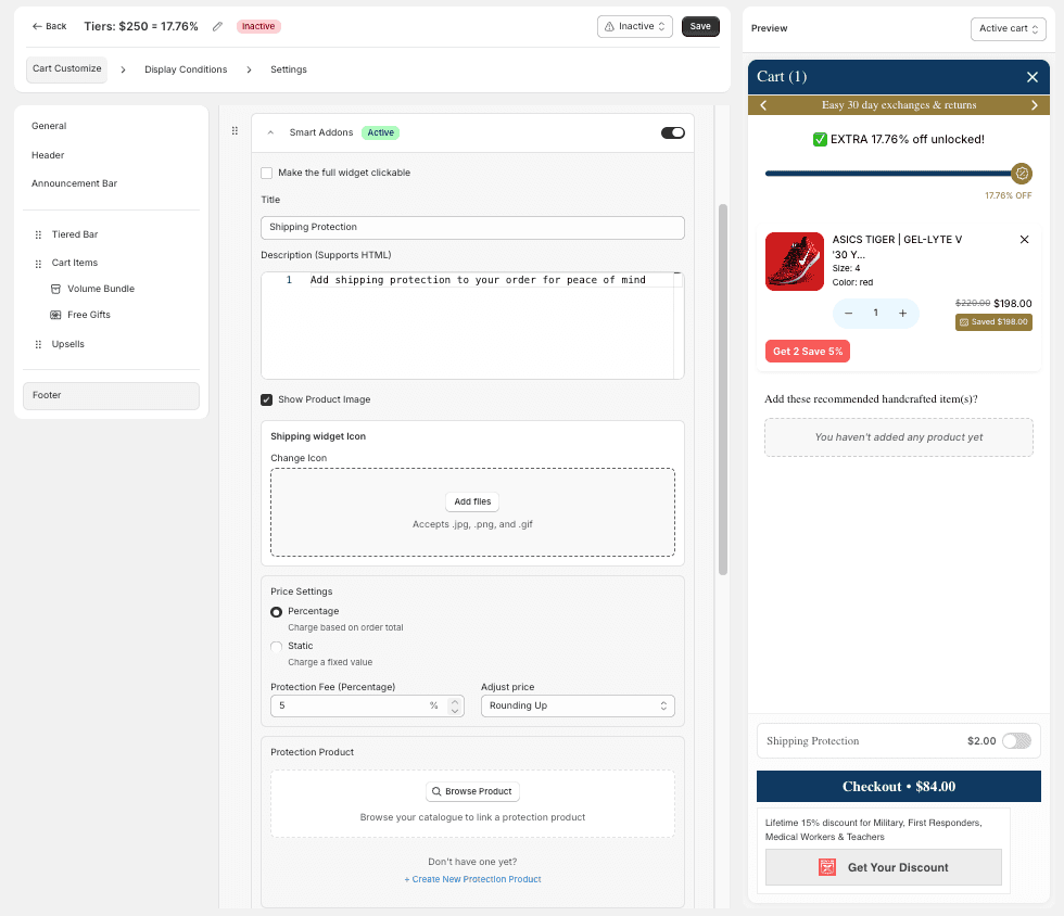 Smart Addons configuration with title, description, price settings, and style controls