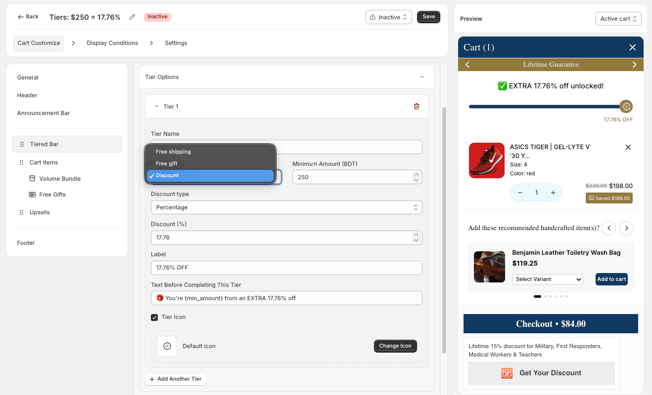 Tier Options with Tier 1 configuration fields