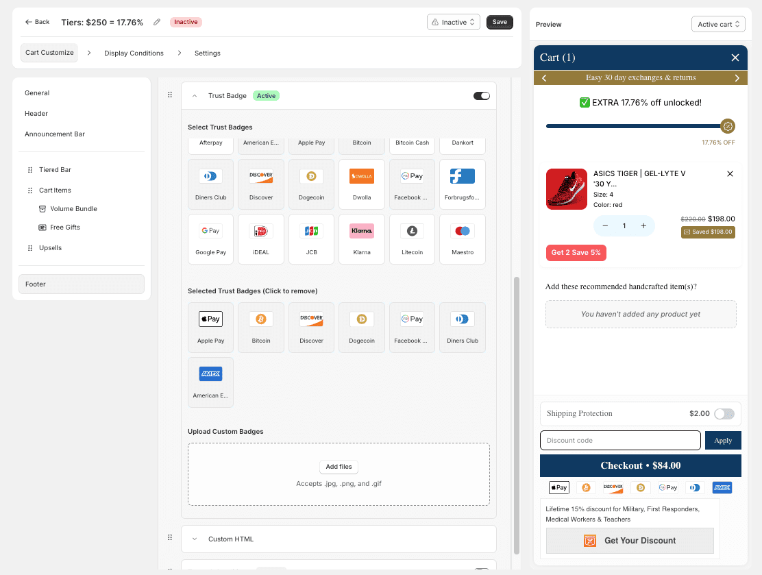 Trust Badge grid of payment icons with selected badges list