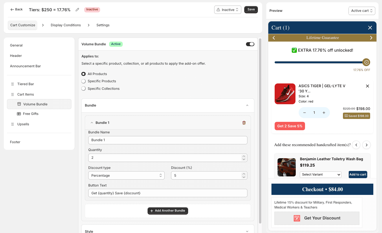 Bundle 1 configuration with quantity, discount type, discount value, and button text