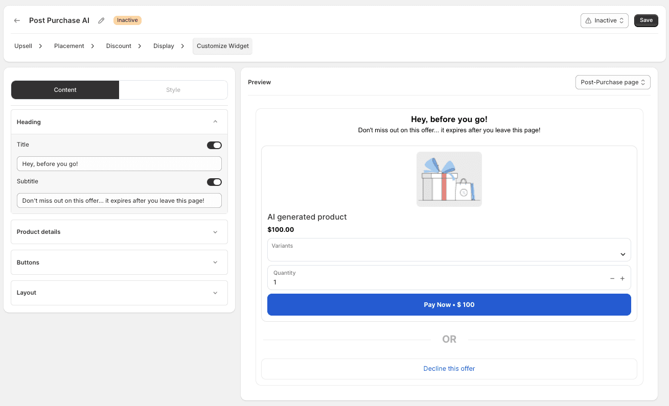 Customize Widget tab with live preview of the upsell offer