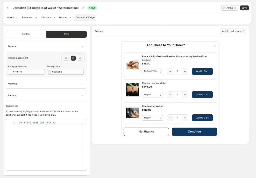 Style tab with color pickers and font settings for heading and buttons
