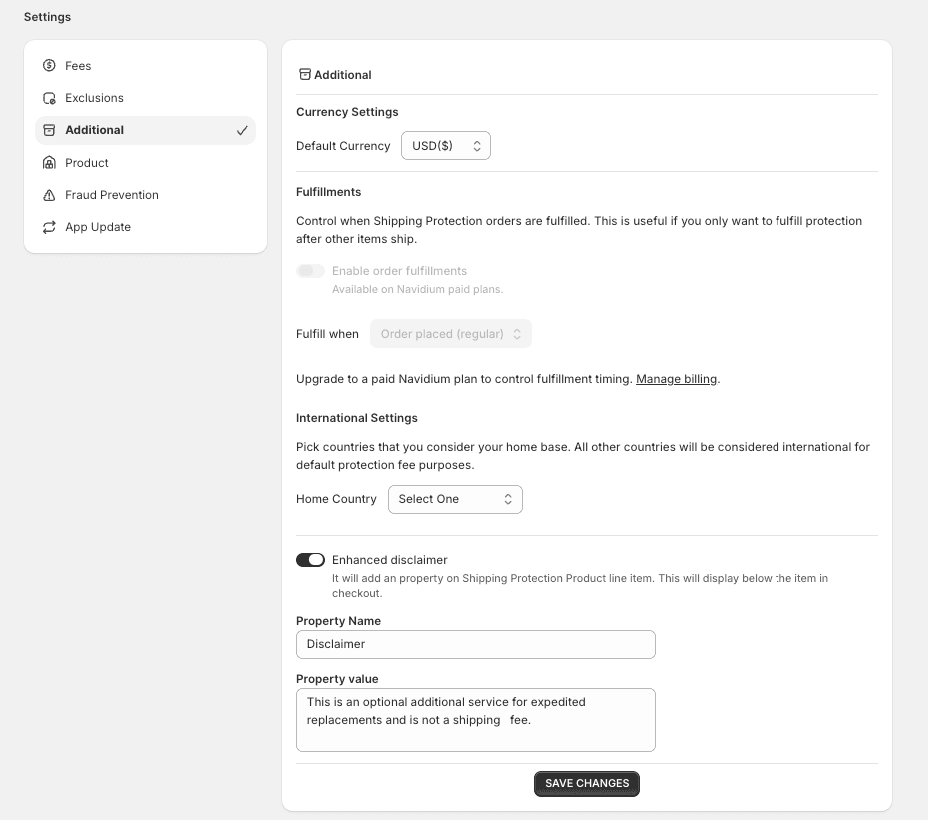 Additional settings screen showing currency, fulfillments, and international options