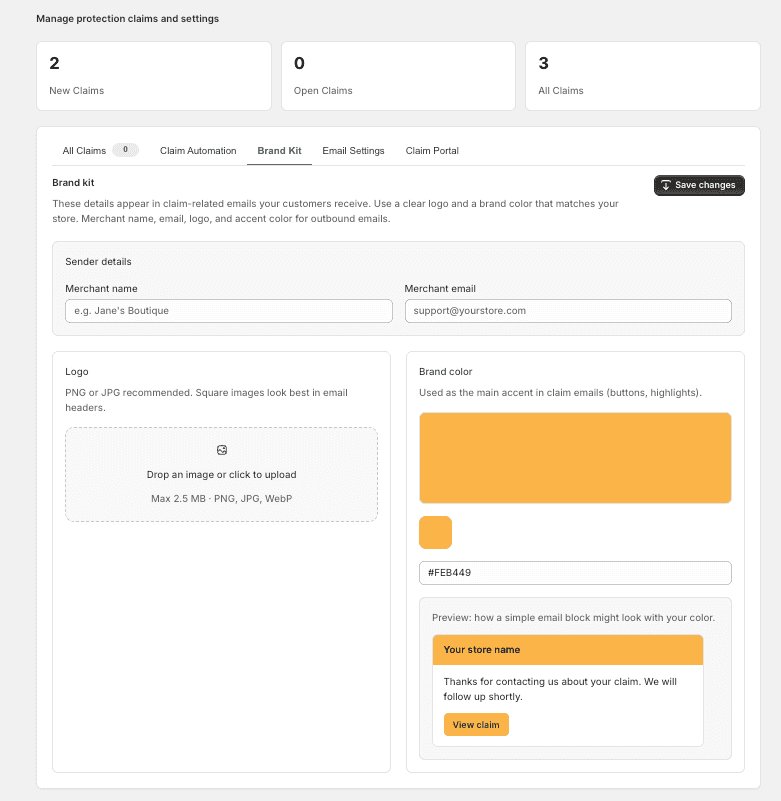 Brand Kit with logo, brand color, and email preview