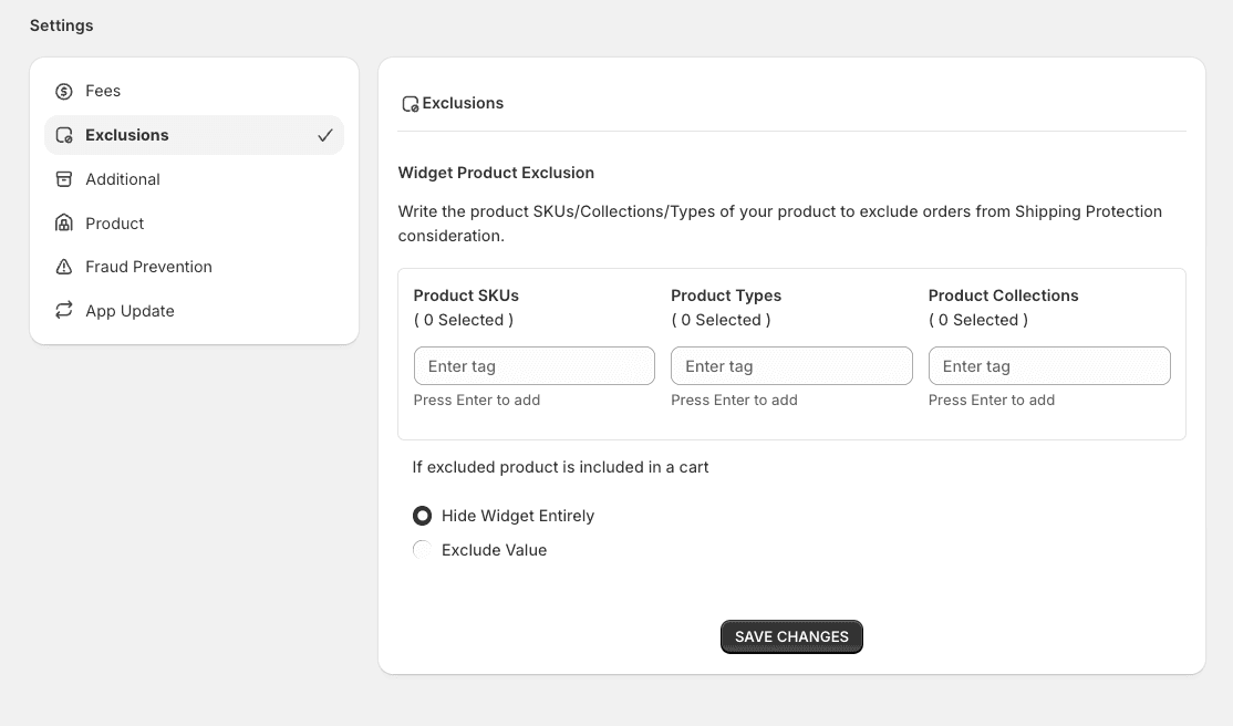 Exclusions settings with SKU, type, and collection tags