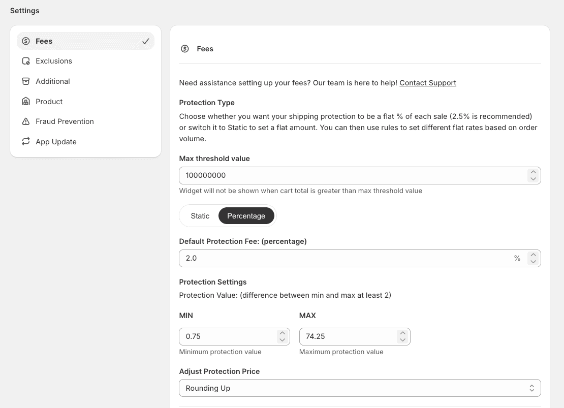 Settings Fees screen with percentage and static pricing options