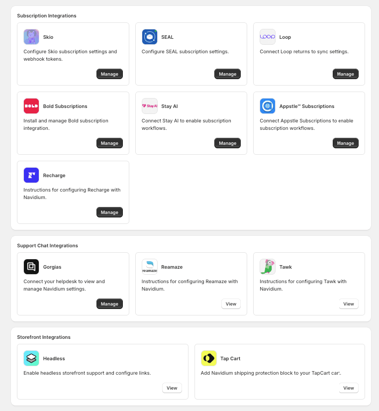 Integrations screen showing subscriptions and support connectors