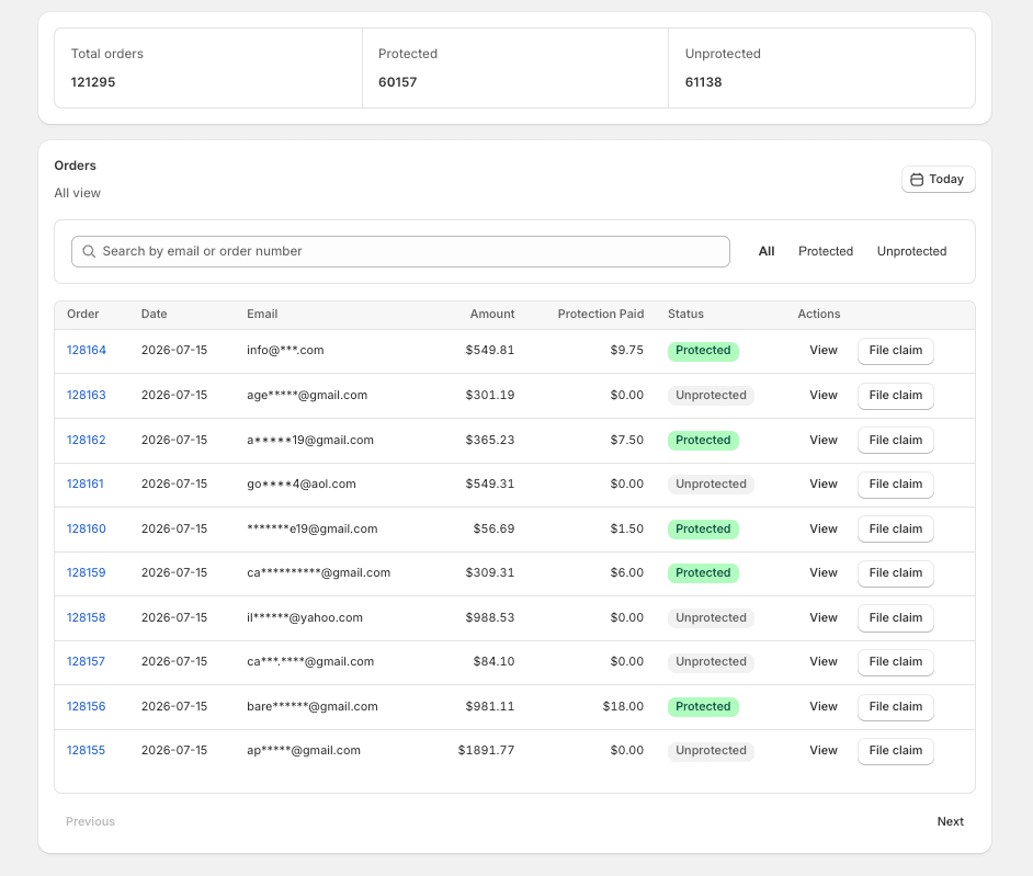 Orders list with Protected and Unprotected tags