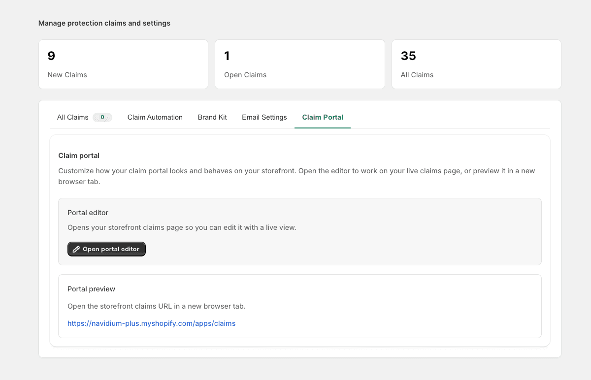 Claim Portal preview with portal URL and Open portal editor