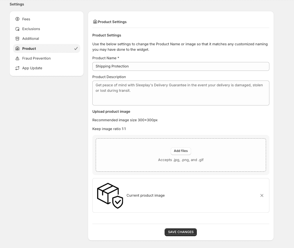 Product settings with name, description, and image upload