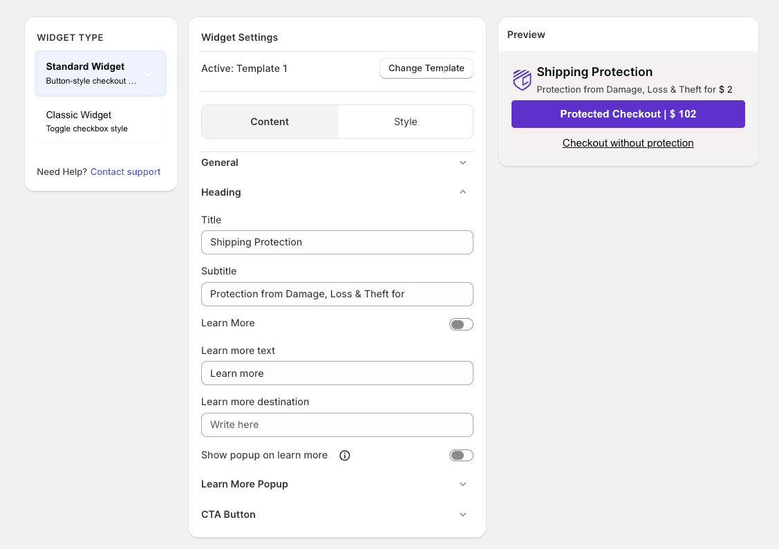 Widget editor with Content tab and live preview
