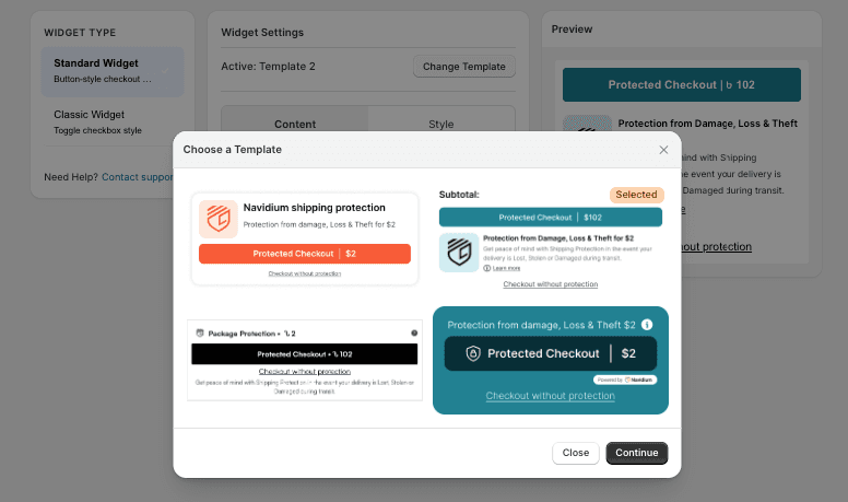 Template picker showing four Standard Widget styles